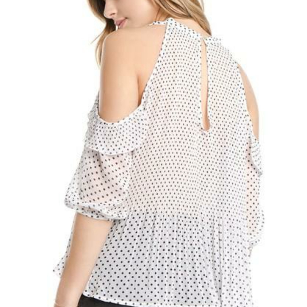 Voila White/Black Polka-dot Cold Shoulder Sheer Blouse.  2X.